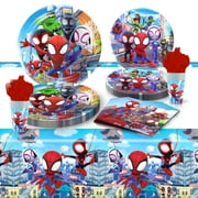 81 Pcs Spiderman Party Tableware Set, Birthday Party Supplies, Table Cover,Paper Plates, Napkins, Cups, Knives, Spoons and Forks