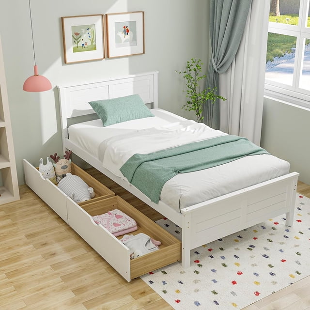 Wood Twin Bed with 2 Storage Drawers, Solid Wood Platform Bed with Headboard, Wooden Slats Support Mattress Foundation, No Spring Needed, Twin Bed Frame for Kids, Teens, Adults, White