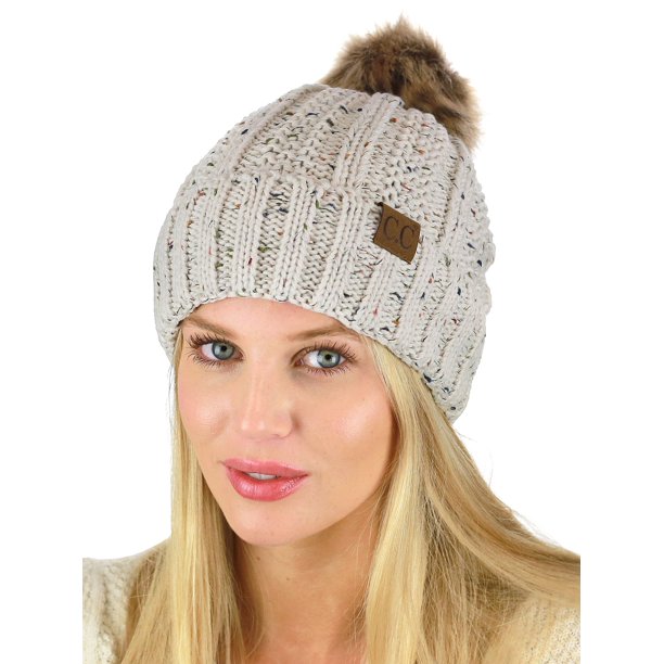 Women\'s Faux Fur Fleece Lined Oatmeal Winter Thick Knit Pom Skull Beanie Hat Cap Amazon.com: Women main image 3