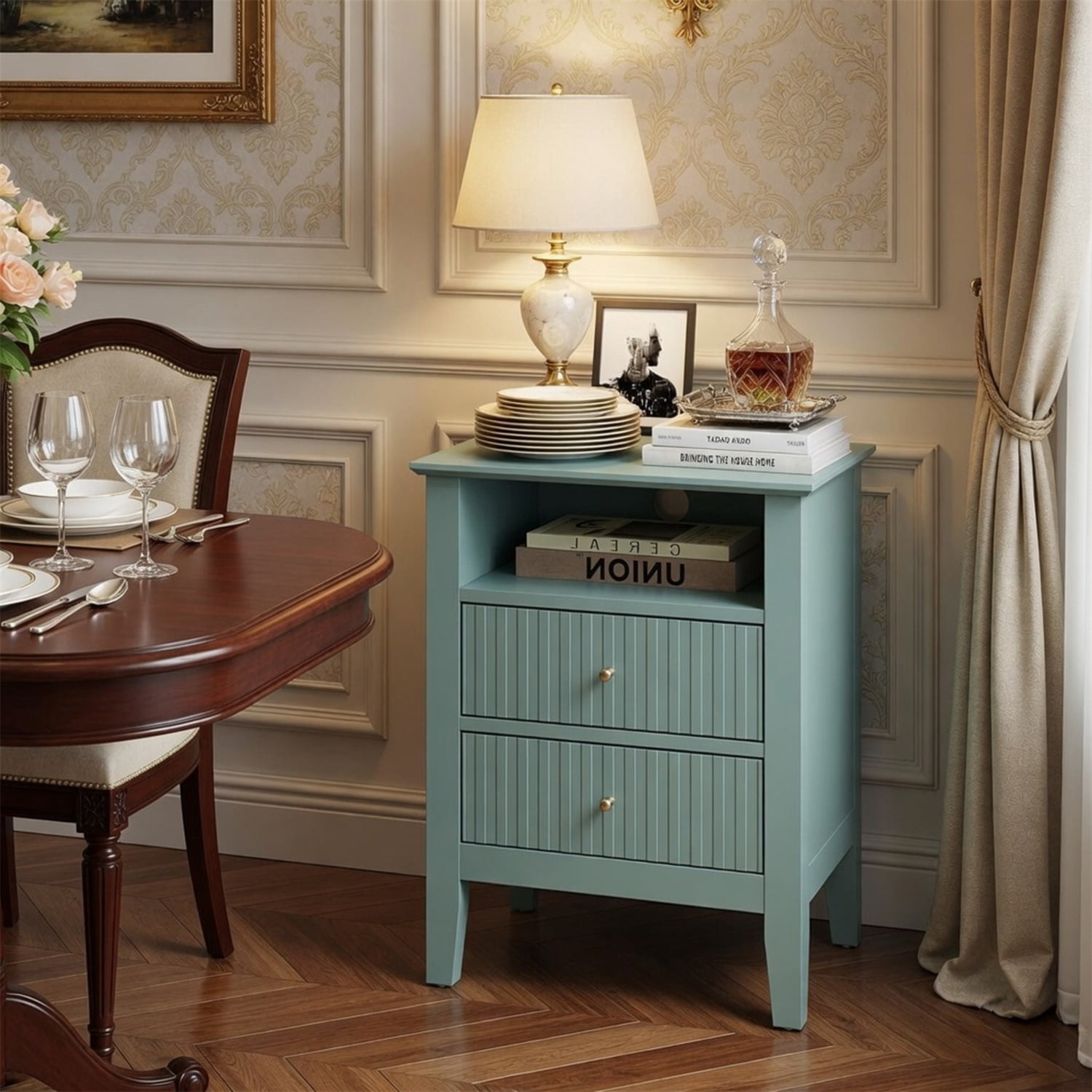 Hommoo 18"W Wooden Fluted Nightstand with 2 Drawers & Open Shelf, Modern Bedroom Sofa Side Table, Green