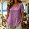 thumbnail image 4 of QUNYINEY Womens T Shirt Summer Short Sleeve Cotton Linen Ruffle Tunic Tops Square Neck Solid Loose Fit Casual Pullover Shirts, 4 of 7