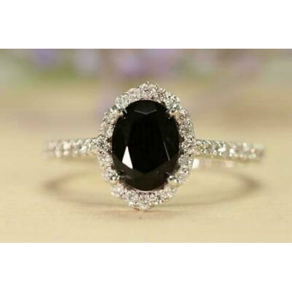 2.50Ct Oval Cut Simulated Black Diamond Women's Halo Engagement Ring 14K White Gold Plated