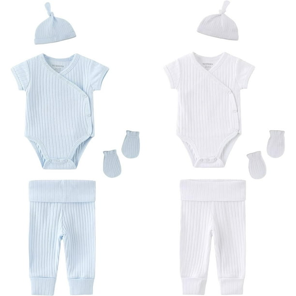 Newborn Infant Boy Girl 100 Cotton Bodysuits Short Sleeve, Pants,Caps and Scratch Mittens Solid