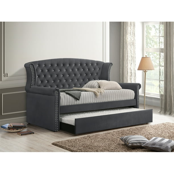 Twin Size Upholstered Daybed with PopUp Trundle, Crystal Tufted Sofa