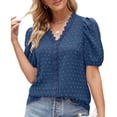 thumbnail image 2 of Summer Tops for Women Trendy V Neck Lace Trim Puff Short Sleeve T Shirt Casual Loose Fit Going out Tunic Blouses, 2 of 6