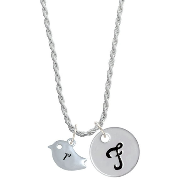Delight Jewelry Silvertone Little Bird Initial - R - Silvertone Script Initial Disc - F - Charm Necklace, 20"+3"