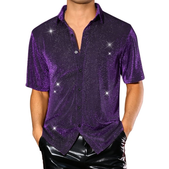 INSPIRE CHIC Glitter Sheer Shirt for Men's Shiny Mesh Short Sleeve Top Party Metallic Shirts 2XL Purple
