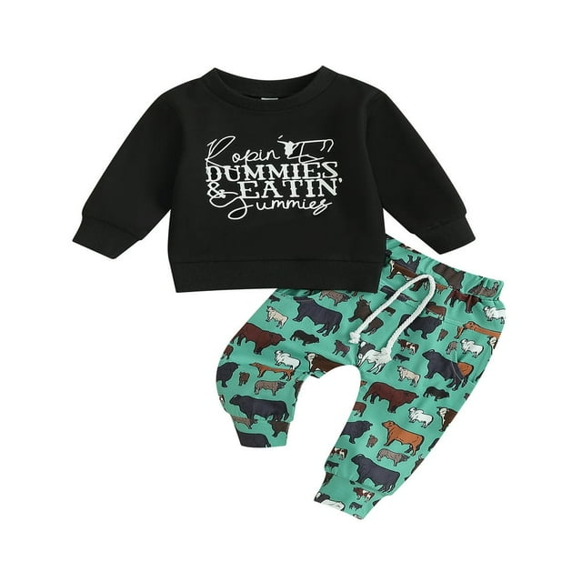 Sweat à Manches Longues avec Lettres et Pantalon de Bétail pour Garçons en Automne Style Western