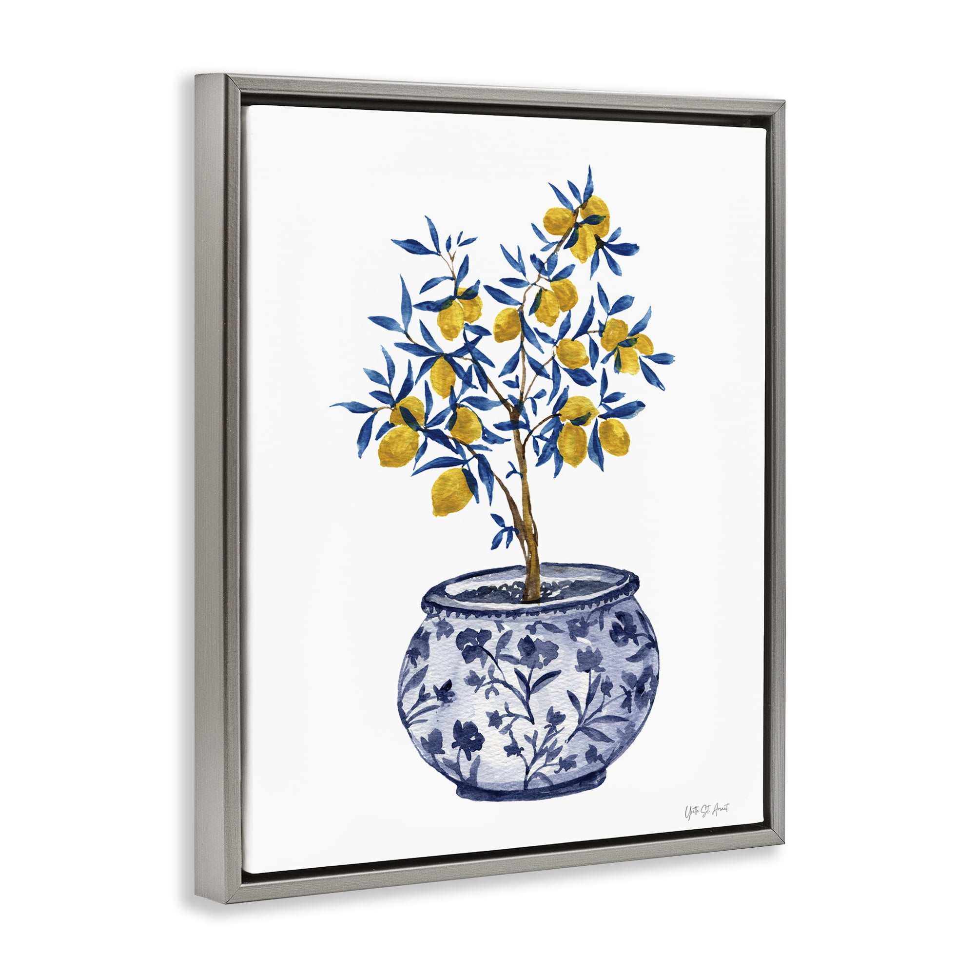 Stupell Industries Lemon Tree in Chinoiserie Food & Beverage Painting Gray Floater Framed Art Print Wall Art, 17 x 21