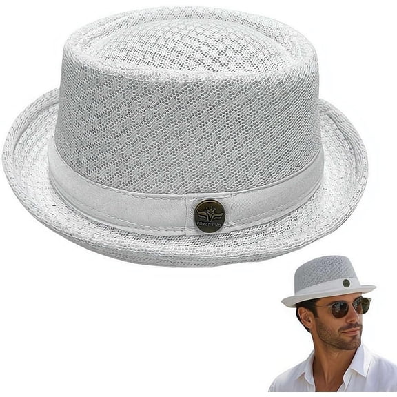 Summer Breathable Mesh Pork Pie Hat,Handwoven Classic Straw Sun Hat,Lightweight Fedora Bowler Hats for Beach Party Daily Wear