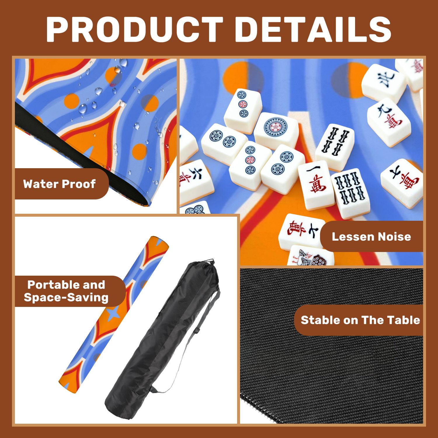 Mahjong Mat 31.5" x 31.5" Retro Geometric Orange Blue Star Motifs Wavy Lines Non-Slip Noise Reduction American Mahjong Tiles Table Cover for Dominoes Poker Card Board Games Gift