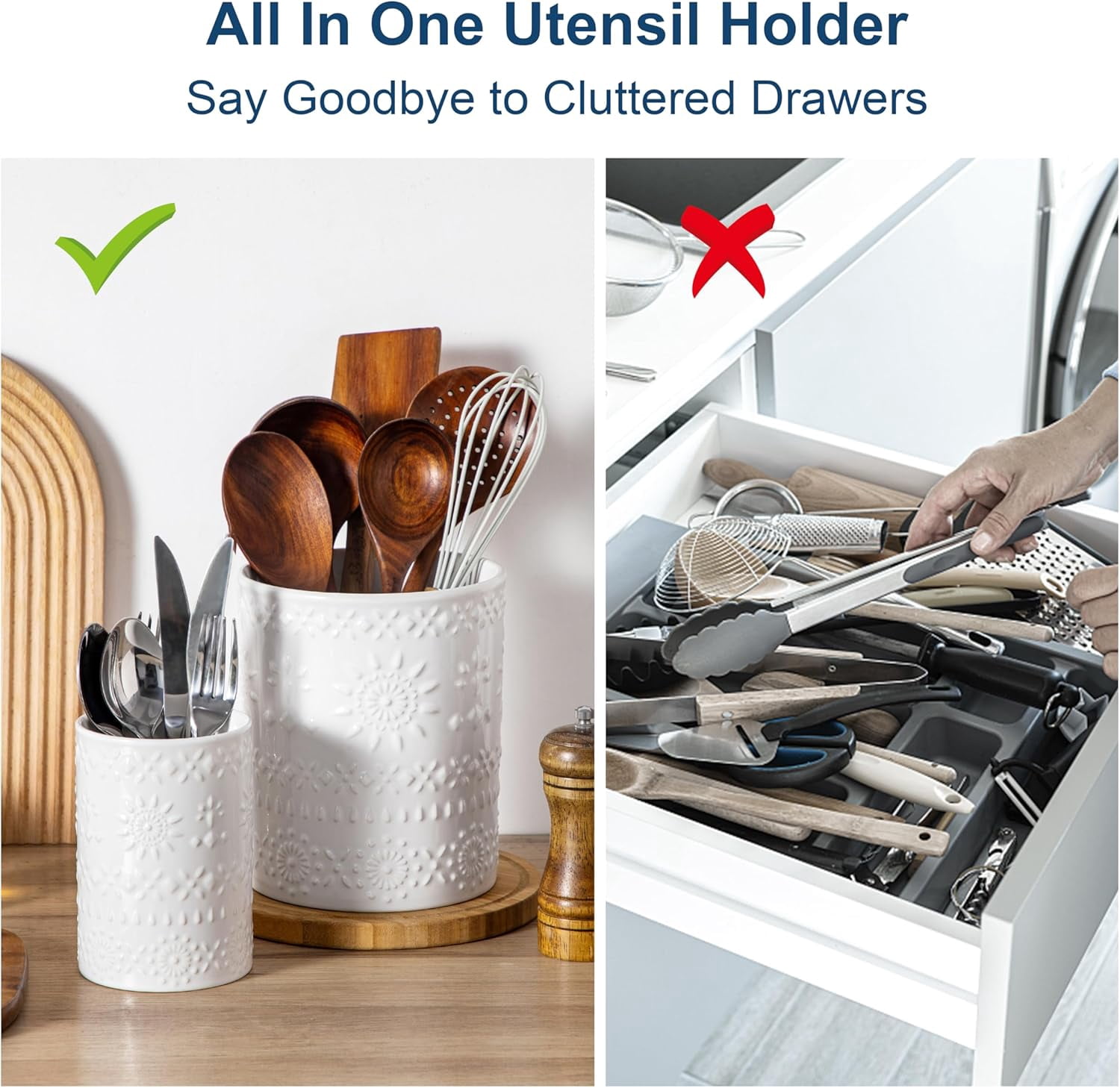 KitchenKey Utensil Holder, 7.2"+5.4" Ceramic Utensil Holder for Countertop, Large Cooking Utensil Crocks for Kitchen Counter, Farmhouse Utensil Vase for Housewarming, Kitchen Decor, Set of 2, Snow