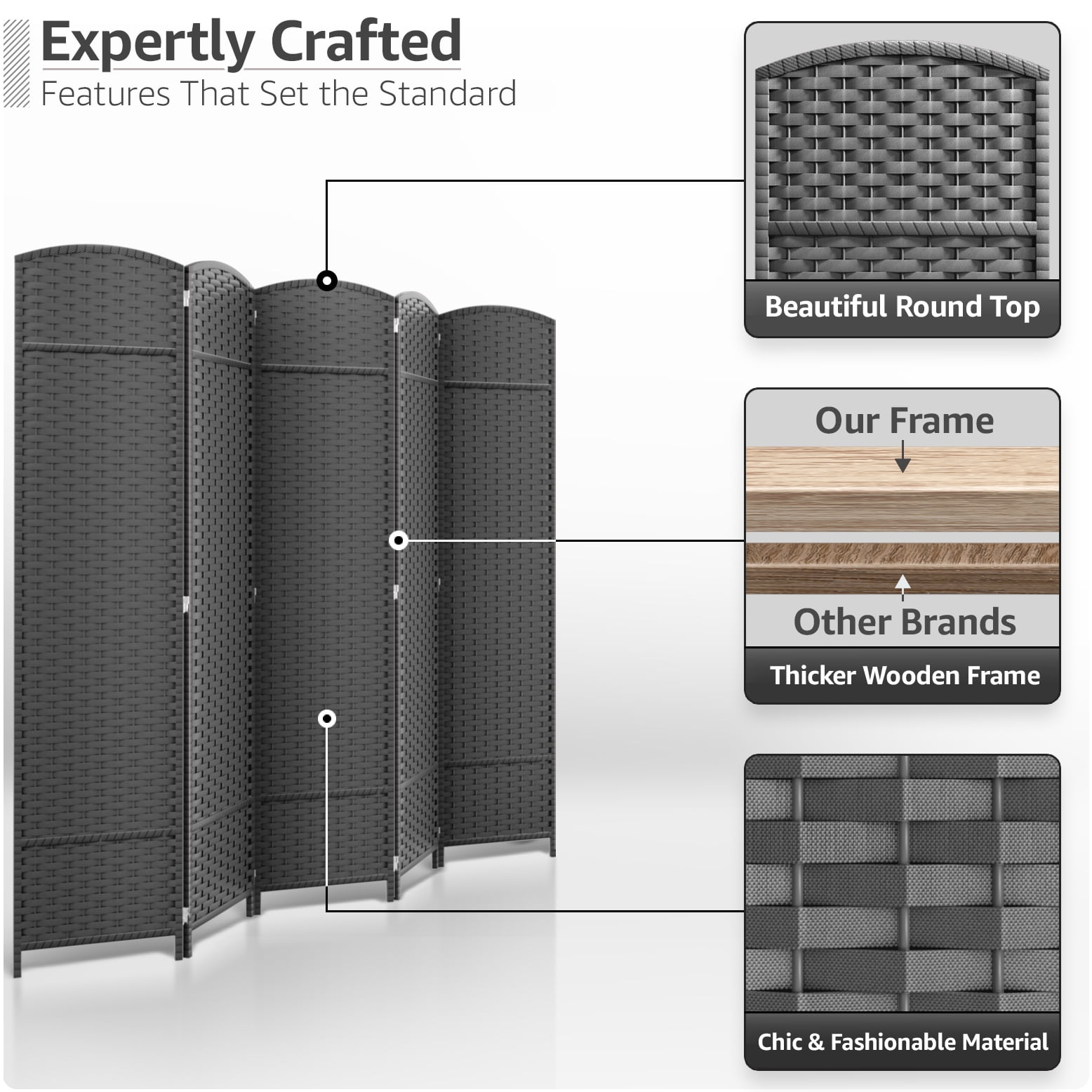 Sorbus 5-Panel Wide Folding Room Divider Privacy Screen, Hand-Woven Gray Mesh
