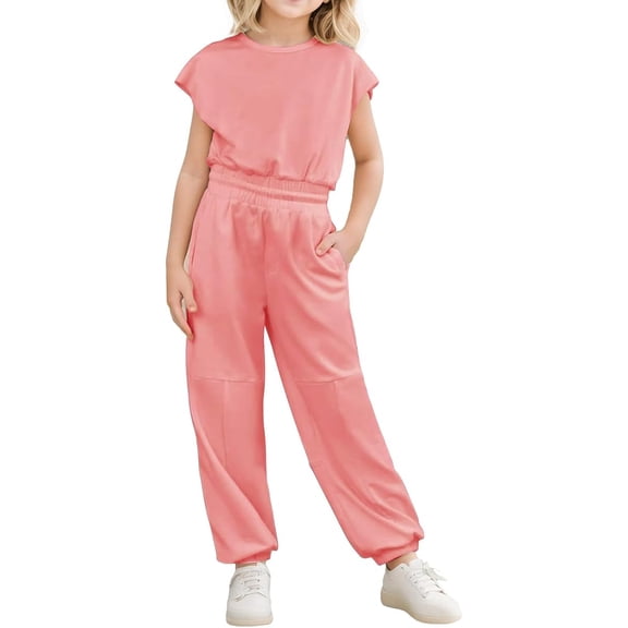Girls Jumpsuit Sleeveless Round Neck Romper for Kids Casual Loose Fit Long Pants with Pockets, Elastic Waist Summer