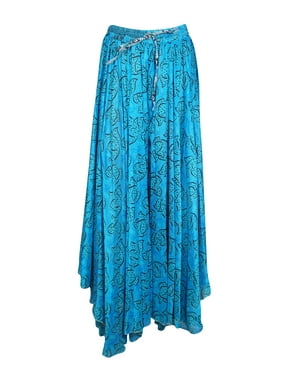 Mogul Women Blue Floral Maxi Skirt Wide Leg Full Flare Vintage Printed Sari Divided Uneven Gypsy Hippie Chic Long Skirts S