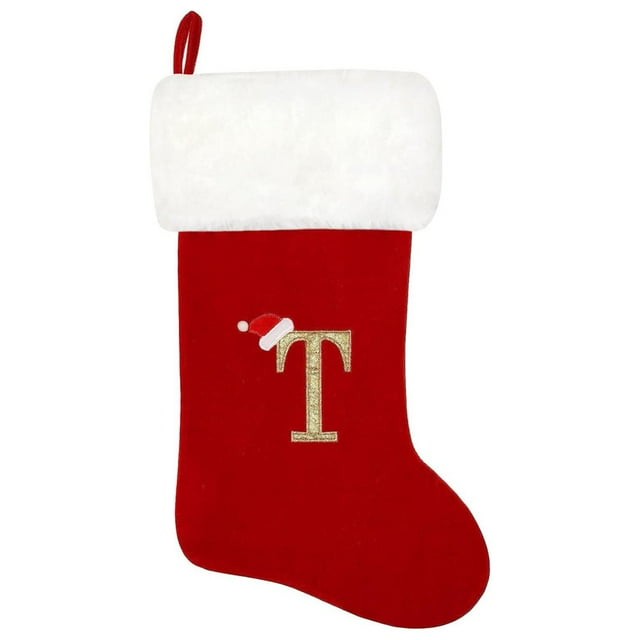 SUTENGDA 20 Inches Monogram Christmas Stockings Red Velvet with White Super Soft Plush Cuff Embroidered Xmas Stockings Classic Personalized Stocking Decorations for Family Holiday Season