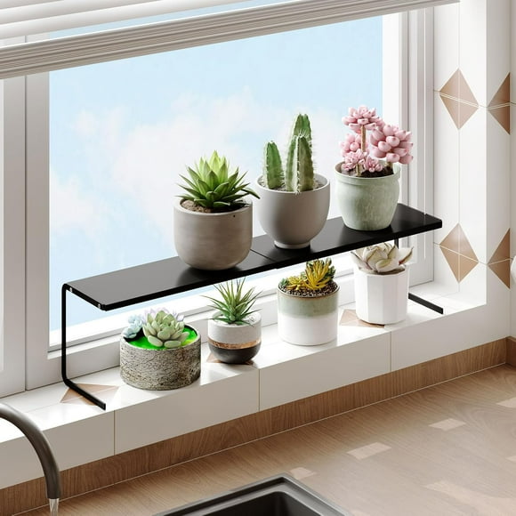 1pc Small Narrow Shelf for Windowsill Kitchen Organizer Stackable Tall Shelves Scalable Window Plant Rack for Narrow Space Countertop Storage (Black)