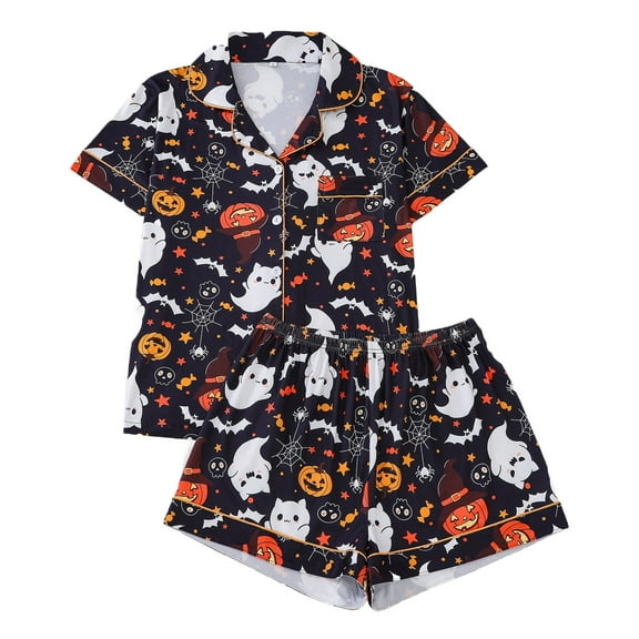 Halloween Pajamas 2 Piece Pjs Set Silk Satin Ghost Graphic Button Down Short Sleeve Shirt Shorts Halloween Pjs Women Black L