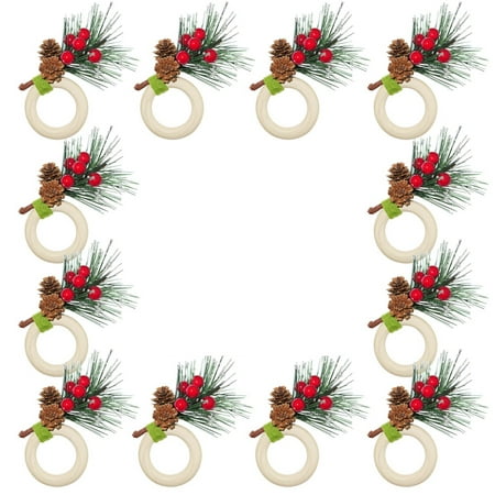 

Xigeapg Christmas Pine Cones Napkin Rings Set Of 12 Berry and Pine Needles with Snow Xmax Napkin Holders for Decorations