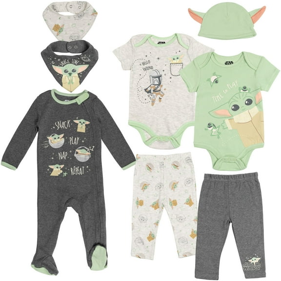 Star Wars The Child Bodysuits Sleep N' Play Pants Hat and Bibs 8 Piece Outfit Set Newborn to Infant