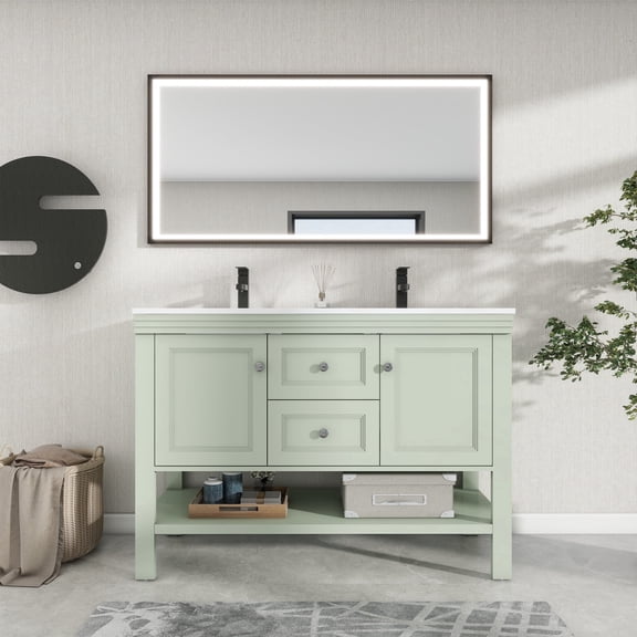 Eclife 48-inch Double Sink Bathroom Vanity with Resin Top, Faucet, 2 Doors, 2 Drawers, Open Shelf