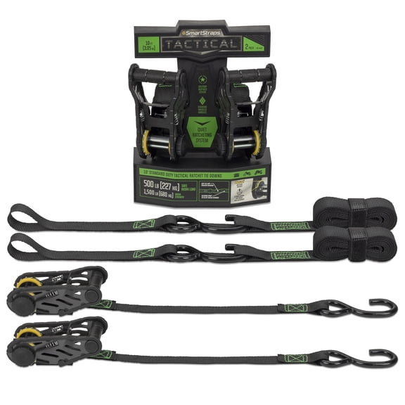 SmartStraps 1" x 10ft Tactical Standard Ratchet Tie Down Straps 2 pack , Green - 500lb SWL