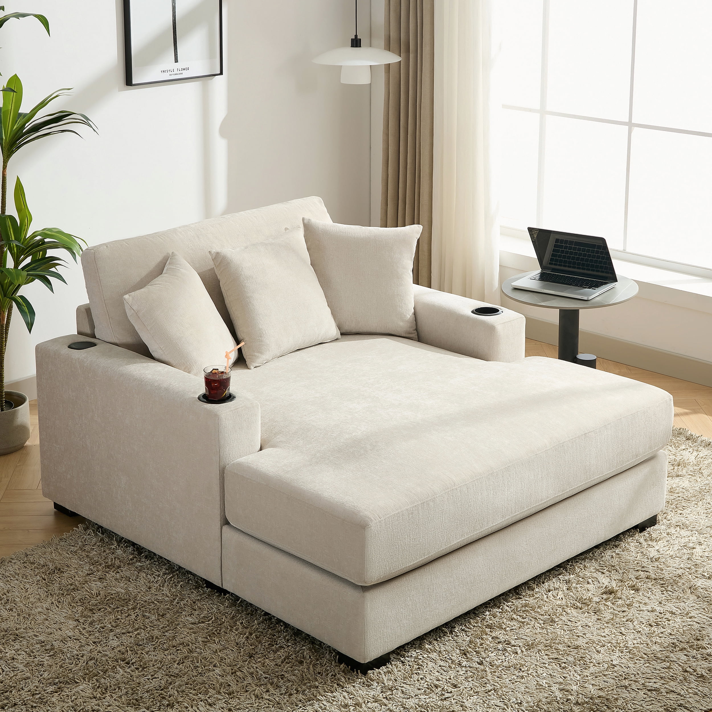 Euroco 55" Oversized Chaise Lounger Modern Style Sofa Couch ,with Pillows, Charge Station & Cup Holders, Chenille Fabric, Cream