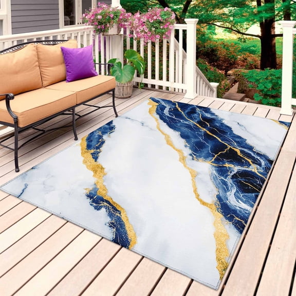 Marble Blue Outdoor Rug for Patio/Deck/Porch, Non-Slip Large Area Rug 5 x 8 Ft, Gold Foil Ceramic Style Cracks Scratches Indoor Outdoor Rugs Washable Area Rugs, Reversible Camping Rug Carpet Runner