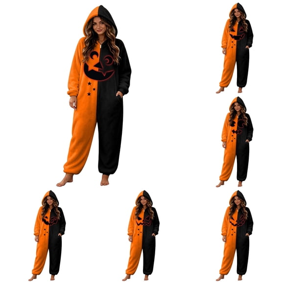 DHFJKG Pumpkin Onesie For Women Adult Halloween Pajamas Fuzzy Jumpsuit Long Sleeve Hooded Loungewear