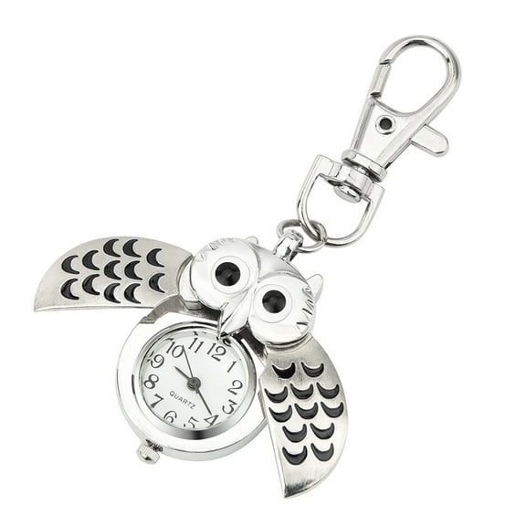 Silver Colored Owl Mini Quartz Slide Open Clock Keychain