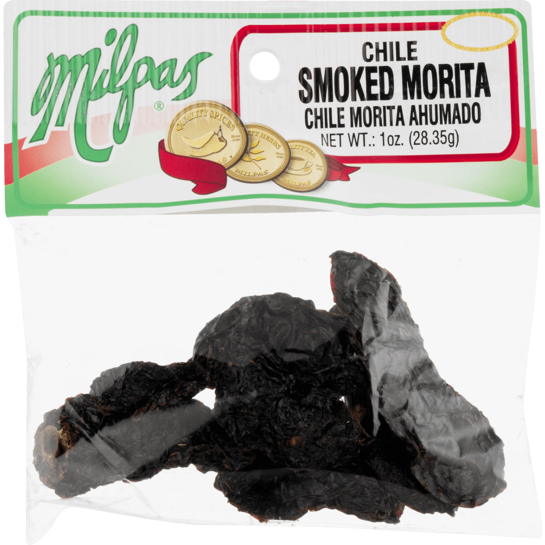Milpas Smoked Morita Chile Pods packed in a clear cellophane bag, 1.0 oz per bag.