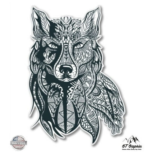 Tribal Wolf Design - 3" Vinyl Sticker - For Car Laptop I-Pad Phone Helmet Hard Hat - Waterproof Decal