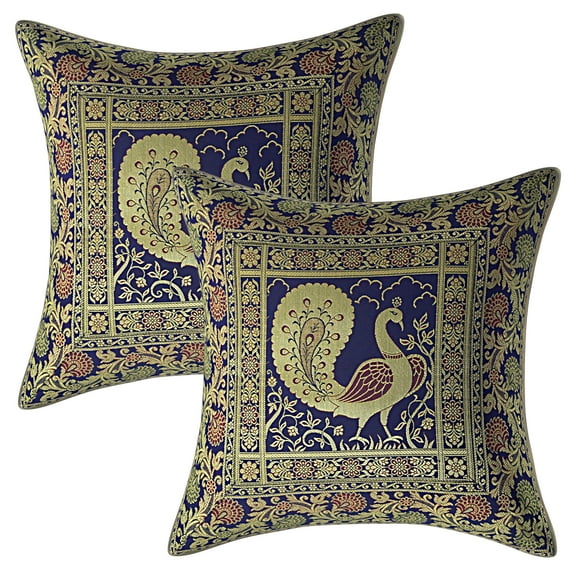 Stylo Culture Ethnic Living Room Brocade Navy Blue And Gold Throw Pillow Covers 16x16 Jacquard Weave Banarsi Bohemian Pillow Covers Dancing Peacock 40x40 cm Decorative Cushion Covers (Set Of 2)