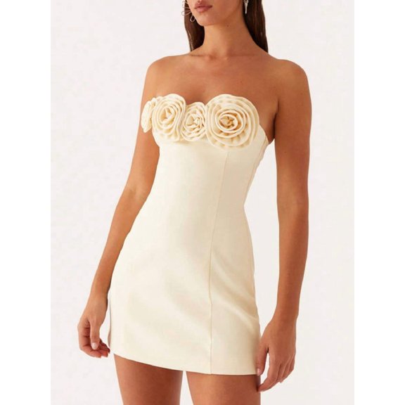 Yellow 3D Rose Embellished Strapless Bodycon Mini Dress For Cocktail Party