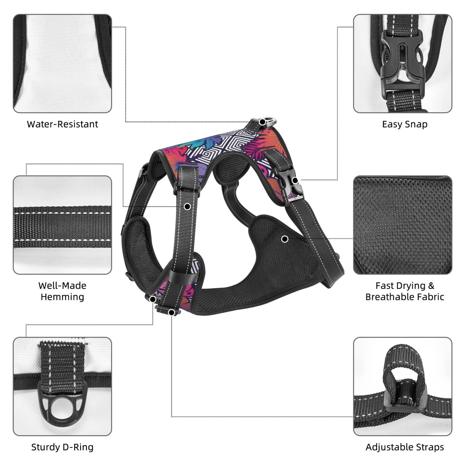 Vsdgher Tropical Leaves Pattern Dog Harness,No Pull Pet Harness with Soft Padded Handle,Adjustable Reflective Vest with 2 Buckles,4 Slide Buckles,S-XL Medium