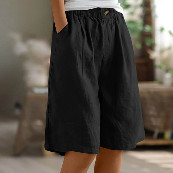 Roncen Women's Solid Color Casual Pants - Elastic Waist Mid-Length Trousers with Cotton-Linen Blend Fabric & Side Pockets