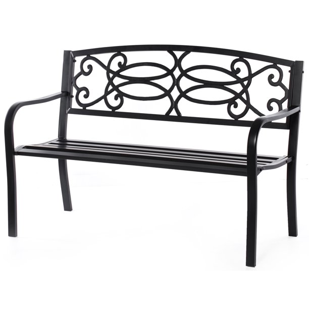 Black Outdoor Steel Park Bench Cast Iron Scrollwork Backrest Garden