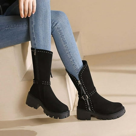 

Njoeus Mid Calf Boots for Women Woman Snow Boots Waterproof Women s High-Heels Round-Toe Boots Metal Leather Belt Buckle Side Zipper Boots