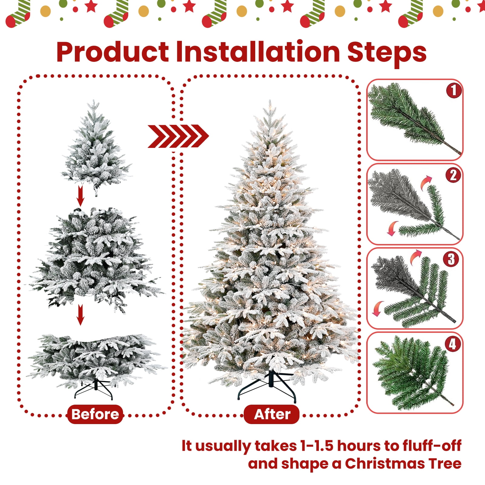 7.5ft Pre-Lit Flocked Artificial Christmas Tree with 650 Warm White Incandescent Lights, 3135 Tips, Green and White