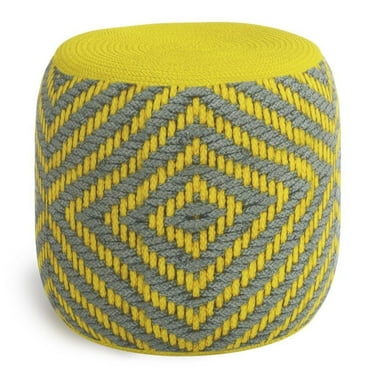 Simpli Home Kent Boho Round Woven Pouf in Gray and Yellow Recycled PET Polyester