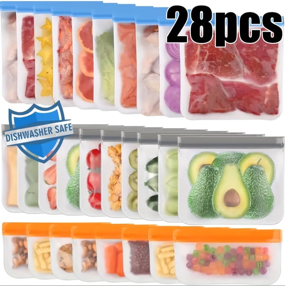 HLONK Extra Thick Leak Proof 28 Pack Reusable Bag Set - Silicone Dishwasher Safe BPA-Free Food Storage Bags - 10 Gallons 10 Sandwiches 8 Snack Bags