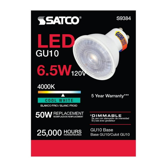 Satco S9384 MR16 6.5W 120V LED Light Bulb GU10 Base 4000K 500L Dimmable (12 Pack)
