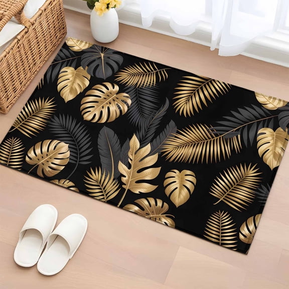 2x3 Ft Entryway Area Rug, Black Golden Palm Leaf Kitchen Rug Runner Washable Floor Mat, Tropical Plant Modern Luxury Non Slip Indoor Door Mat Throw Carpet for Bathroom Living Room Bedroom