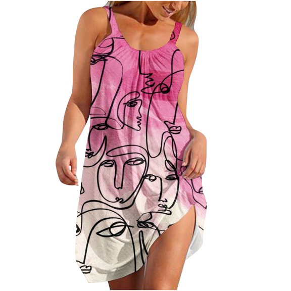 IROINNID Sundress For Women Sleeveless Round Neckline Summer Sexy Casual Backless Mini Dress Regular Print Dress
