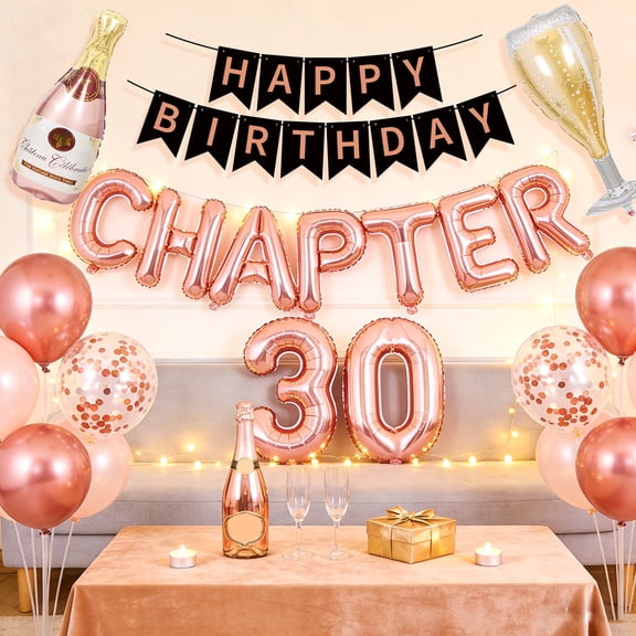 30th Birthday Decorations Set - CHAPTER 30 Theme Party Supplies with Rose Gold Balloons & Banner