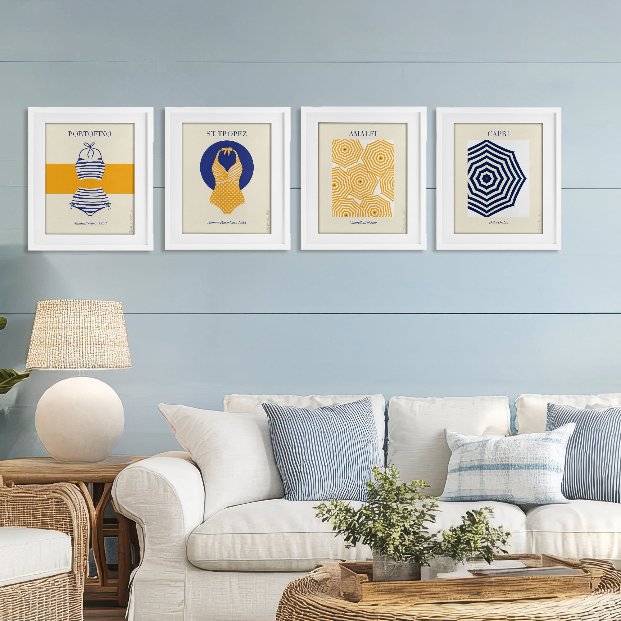 Stupell Industries Retro Beach Vacation Elements 4 Piece White Framed Print Under Glass Set, design by A Barefoot Stylist
