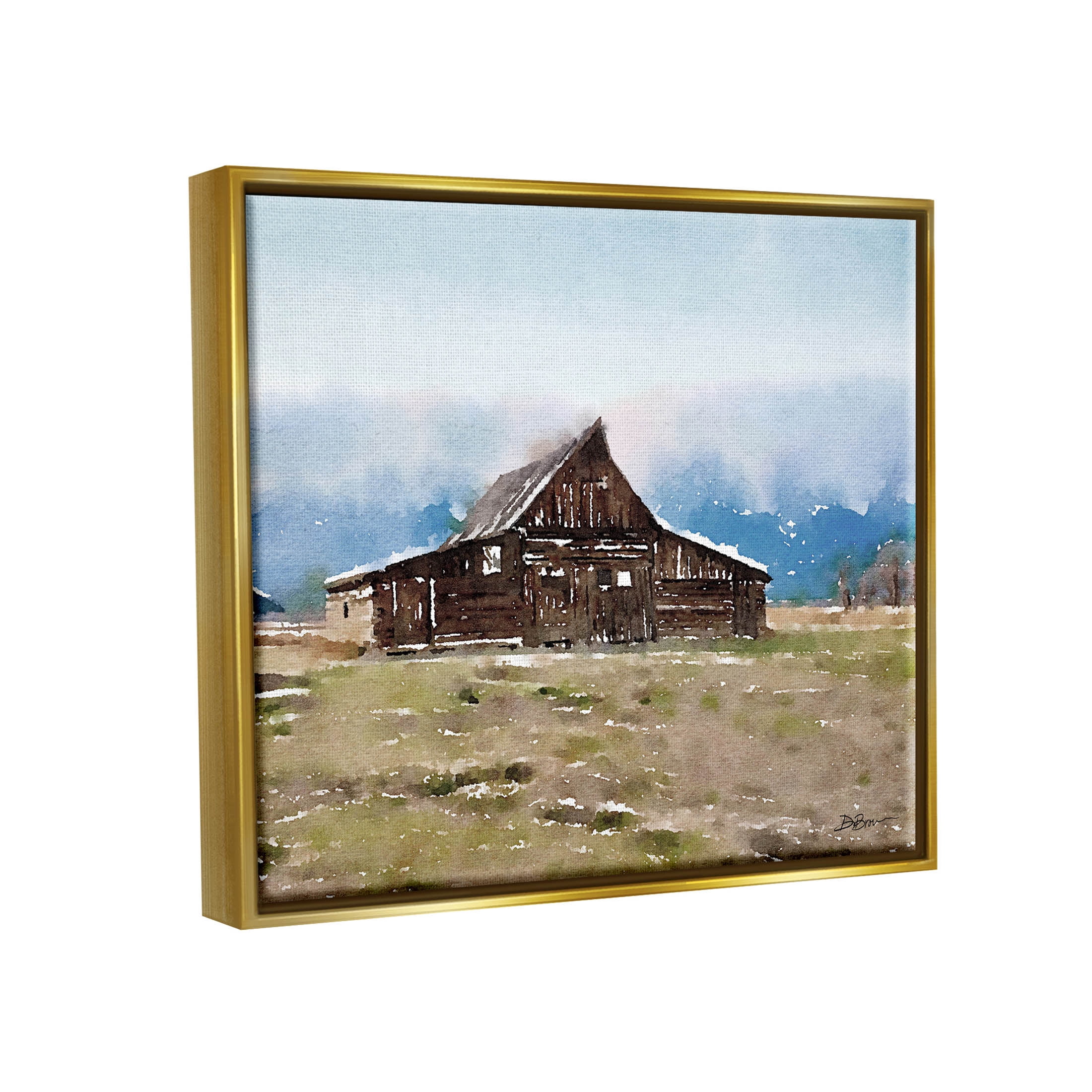 Rural Countryside Cabin Landscape Landscape Painting Metallic Gold Framed Art Print Wall Art