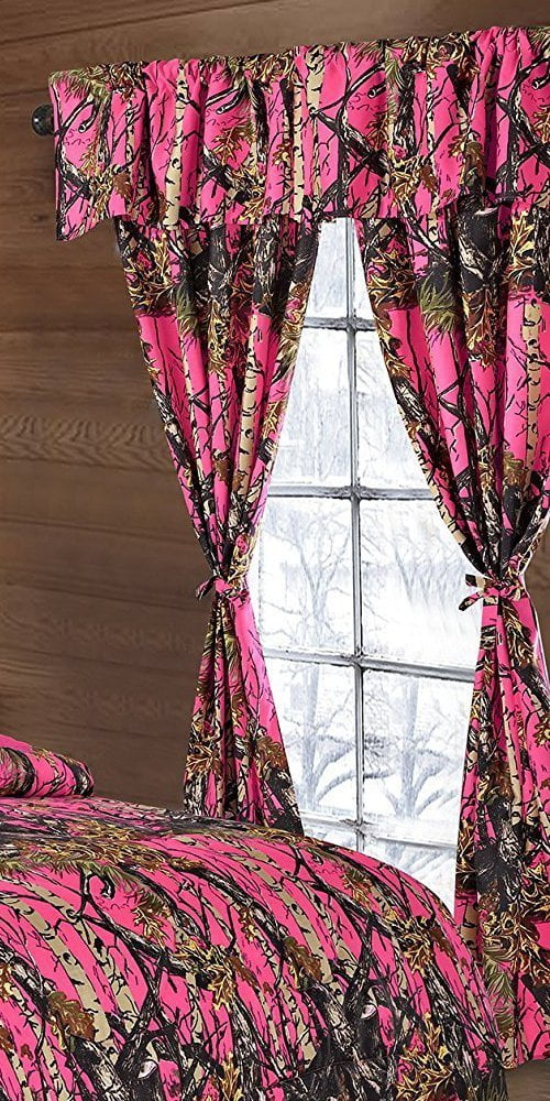 BRIGHT PINK CAMO THE WOODS CURTAINS 5 PC SET AND VALANCE DRAPES NEW WOODS DRAPES 