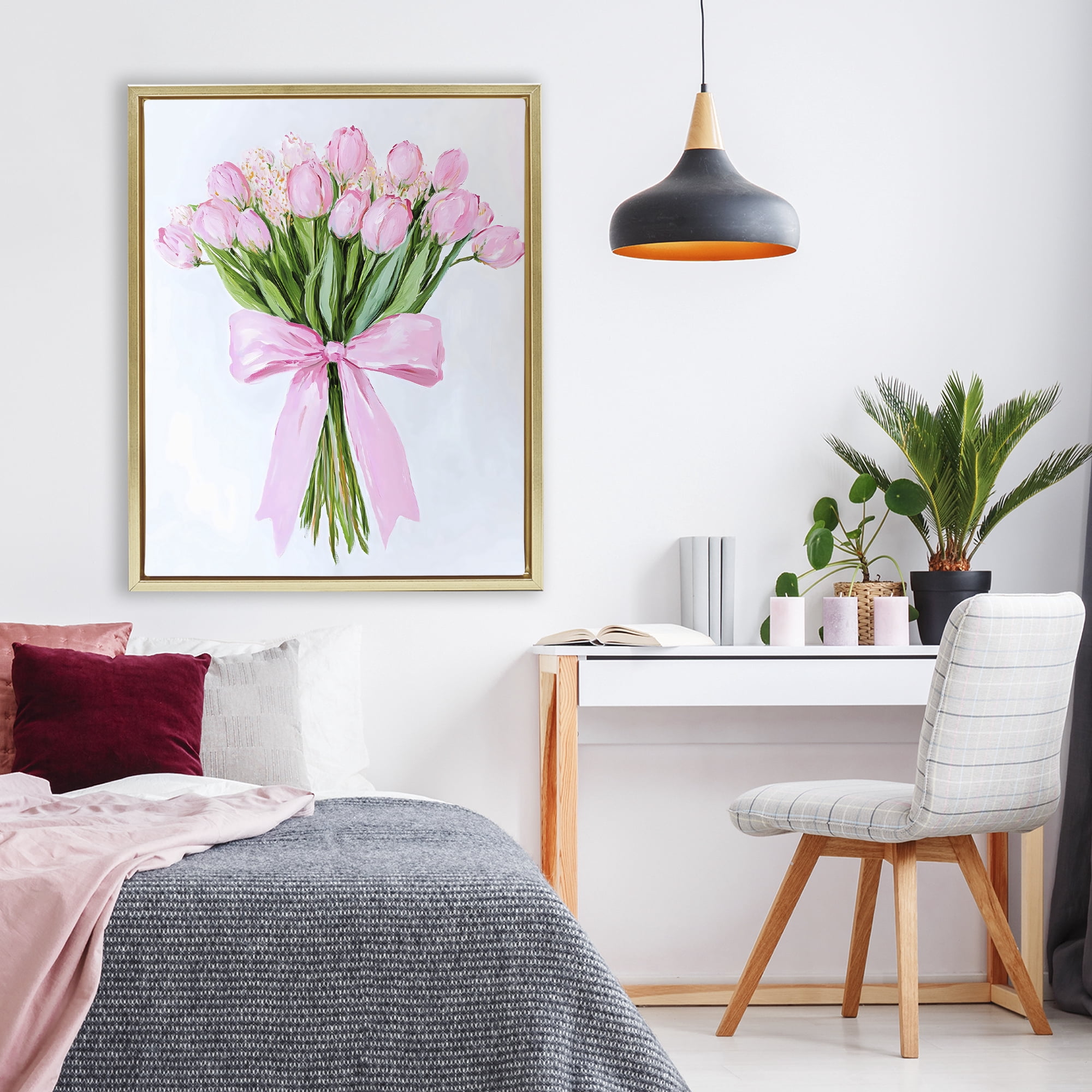Stupell Industries Soft Pink Tulips with Ribbon Gold Framed Floater Canvas Wall Art, design by The Prints Vibe