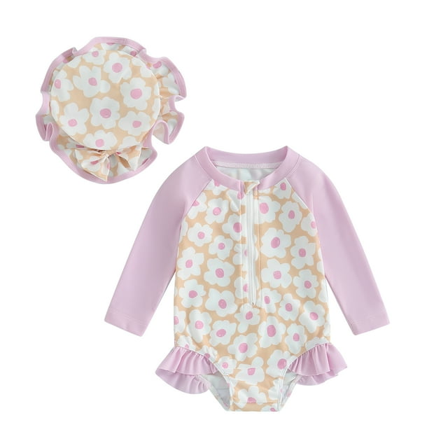 Boiiwant Kids Girls 2 Piece One Piece Swimsuits Flower Print Long Sleeve Round Neck Ruffle Rash Guard Rompers Swimsuit +Swimming Cap Toddler Baby Girls Zip Up Bathing Suit Beachwear